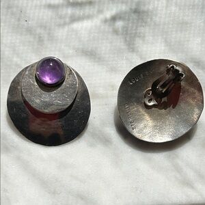 Silver Clip-On Earrings with Purple Gemstone Accent